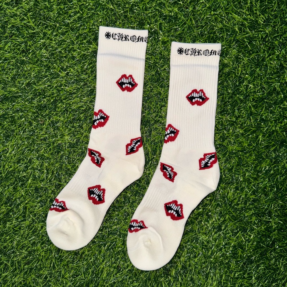 Chrome Hearts Cream Socks with Red Lips Pattern